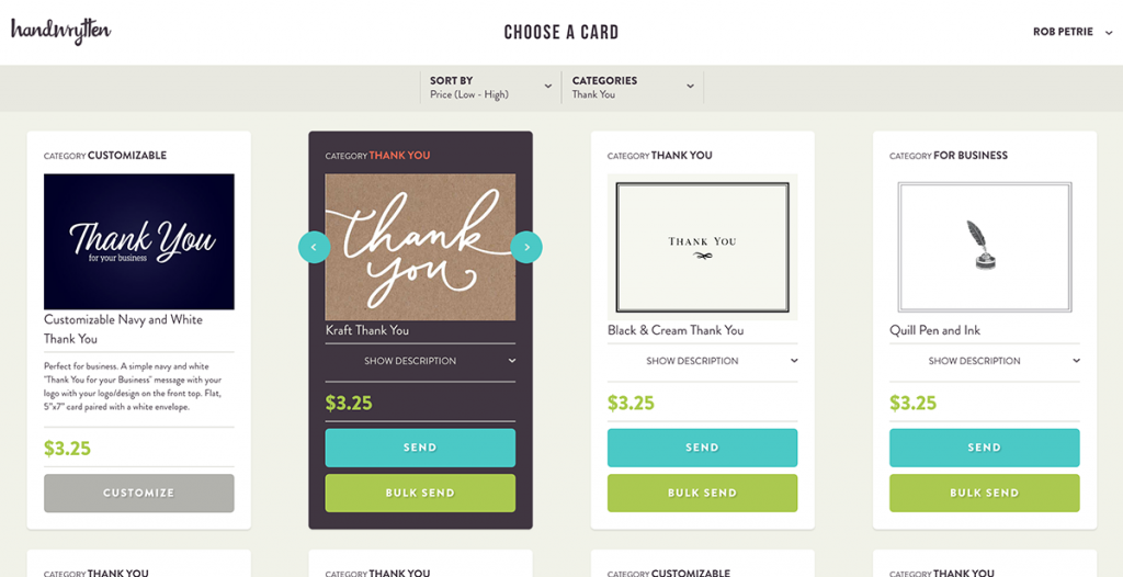 Screenshot of a user selecting a card for a handwritten note campaign.