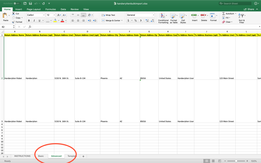 Screenshot of the Handwrytten Excel spreadsheet highlighting the Advanced tab for bulk note campaigns.