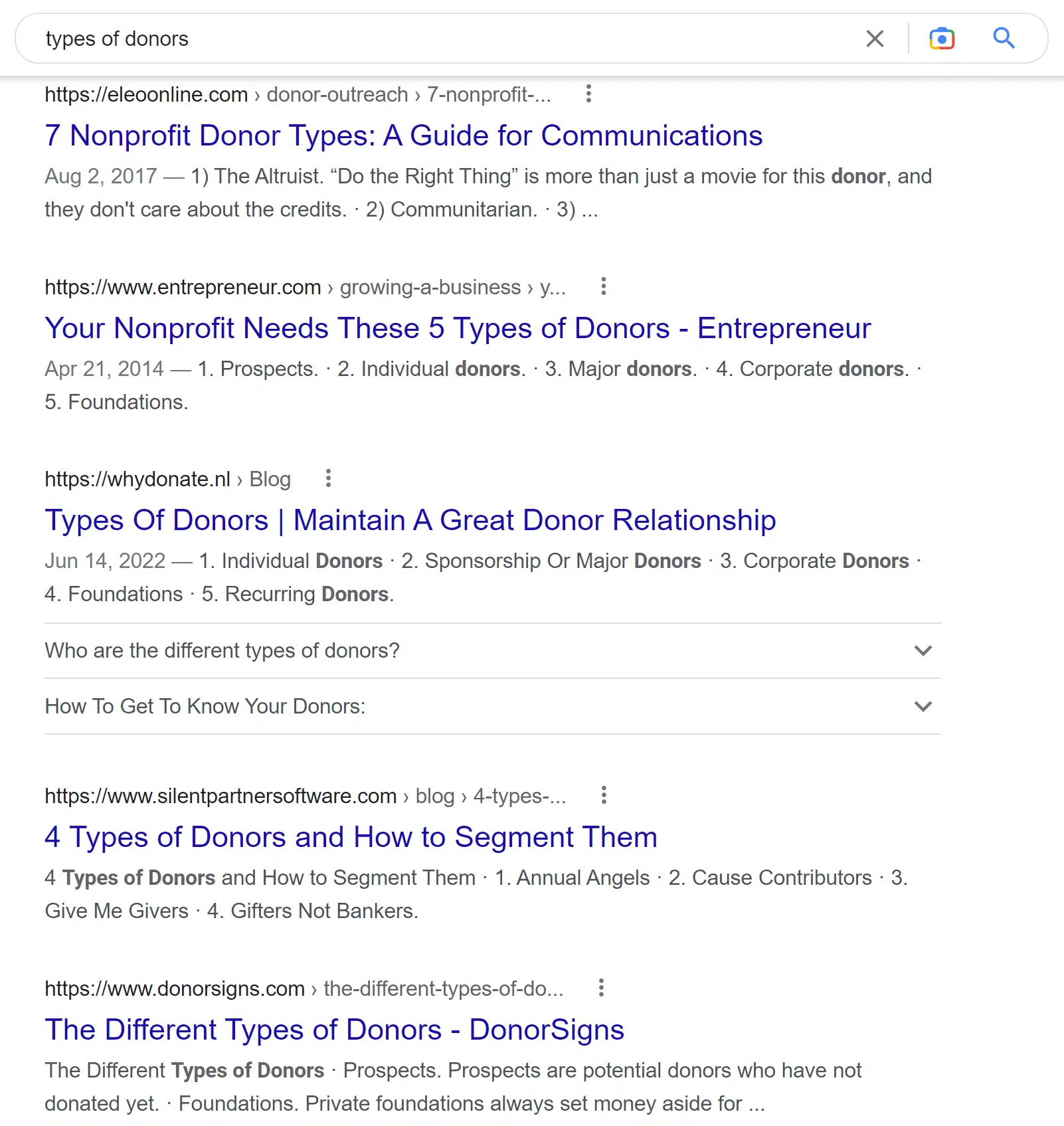 a Google search of 'types of donors' showing 5 articles with different titles about the types of nonprofit donors