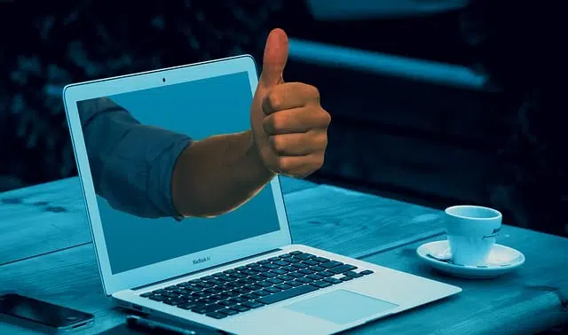 laptop, thumbs up, workplace